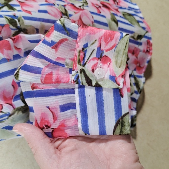 02537 Talbots blue stripes and pink floral semi-sheer L/S blouse M - Picture 5 of 9
